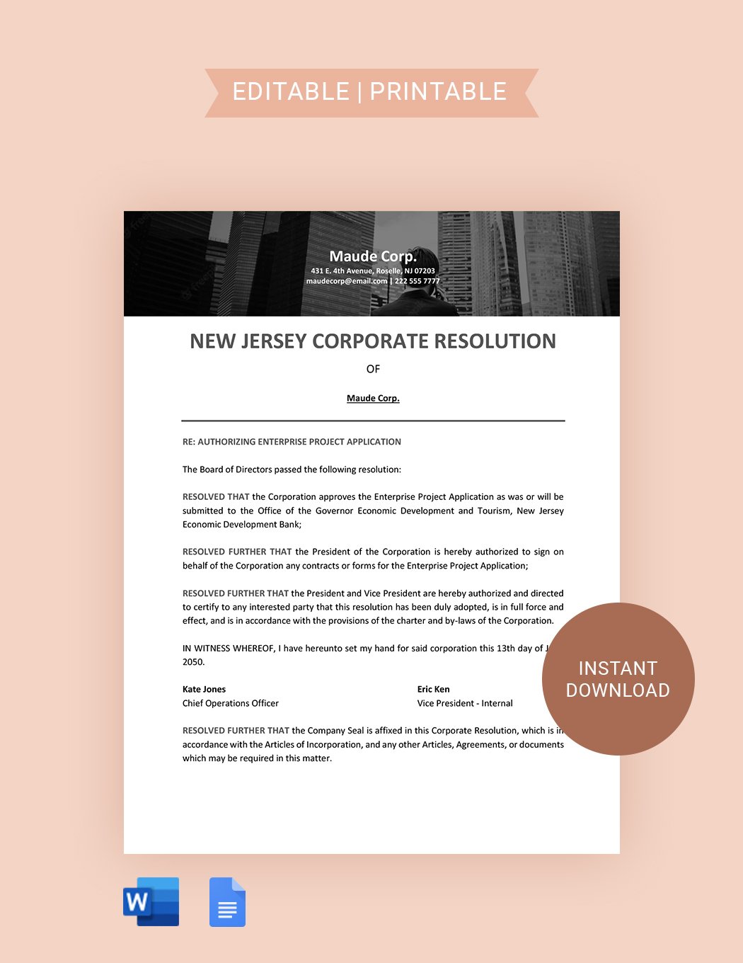 New Jersey Corporate Resolution Template in Word, Google Docs