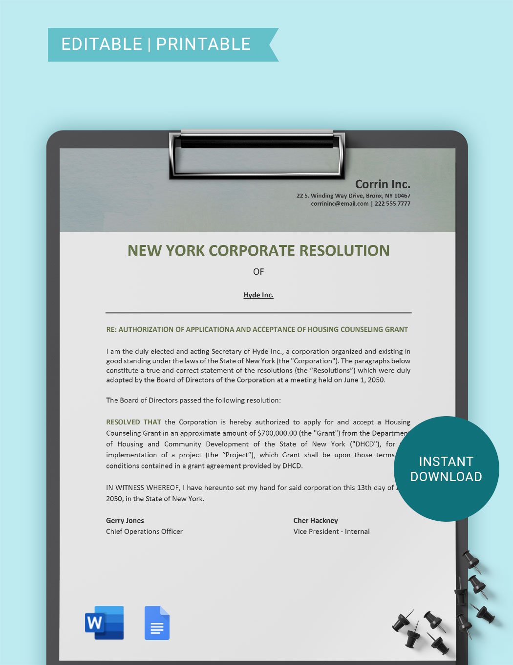 New York Corporate Resolution Template in Word, Google Docs