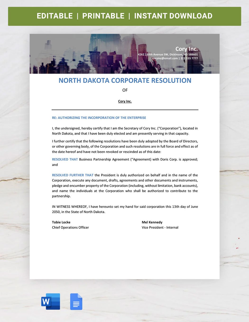North Dakota Corporate Resolution Template in Word, Google Docs