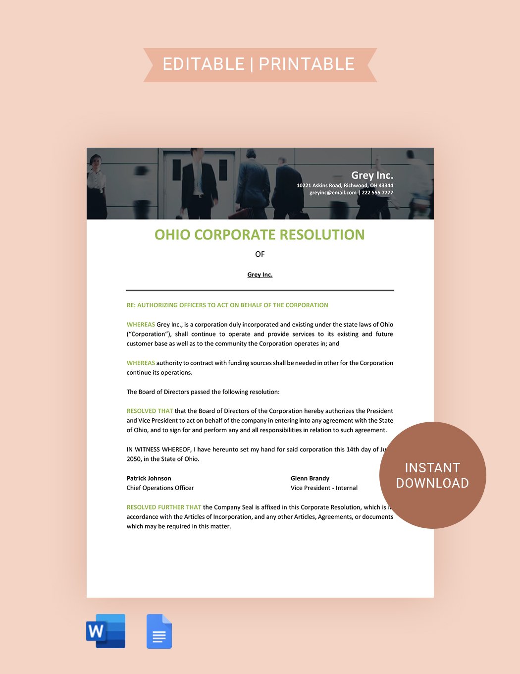 Ohio Corporate Resolution Template in Word, Google Docs