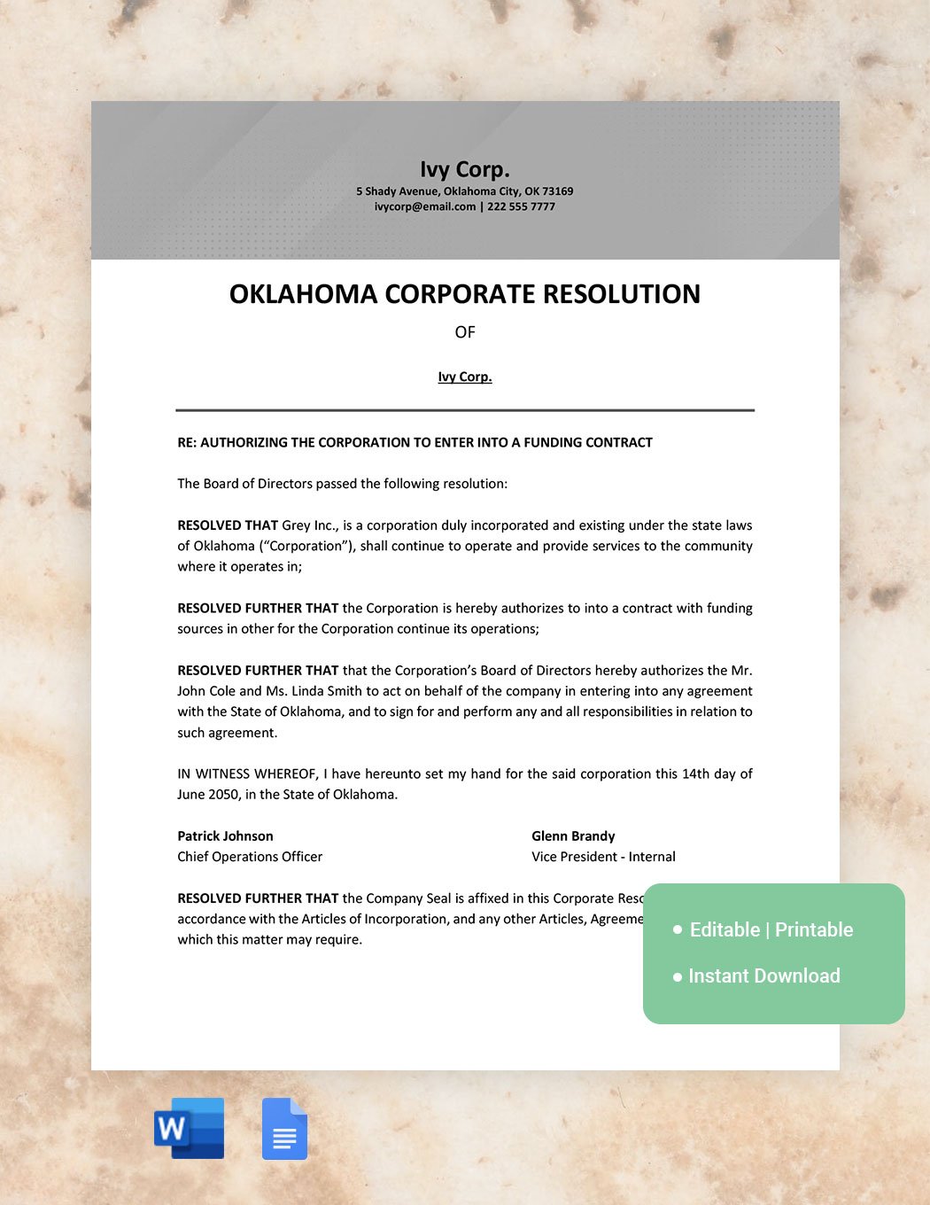 Oklahoma Corporate Resolution Template in Word, Google Docs