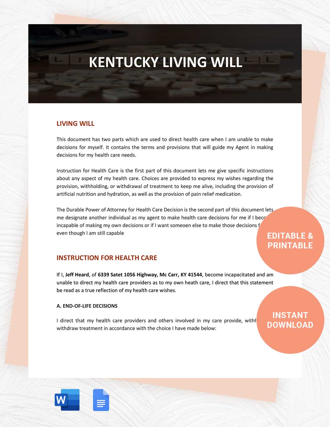 Kentucky Living Will Template