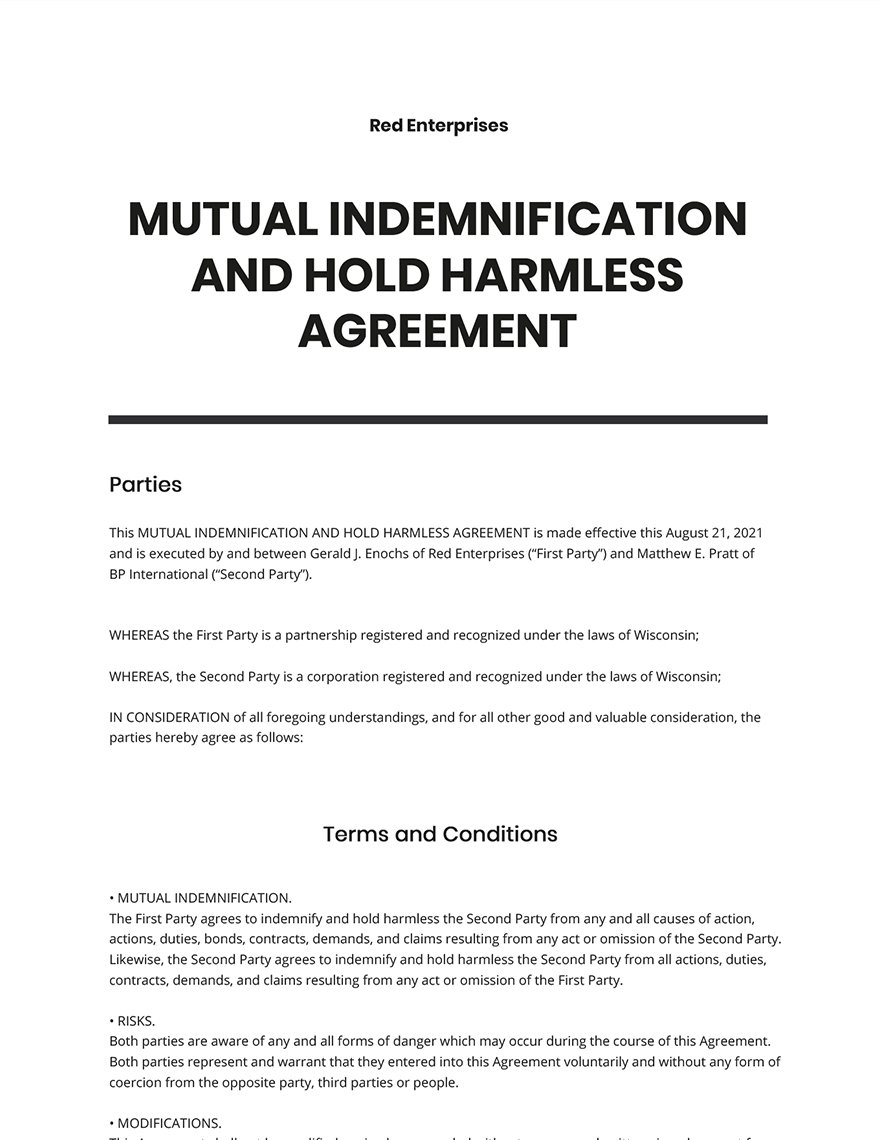 Mutual Indemnification and Hold Harmless Agreement Template
