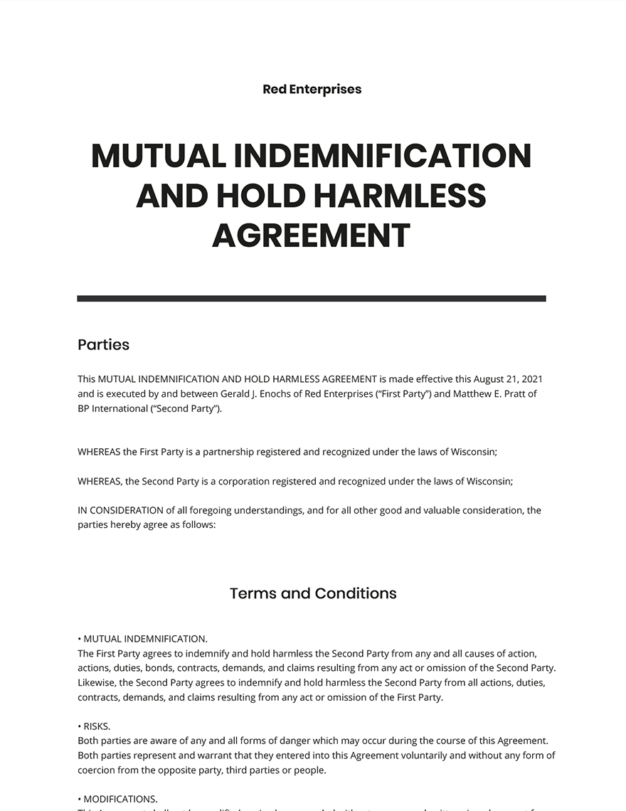 Mutual Hold Harmless Agreement Template