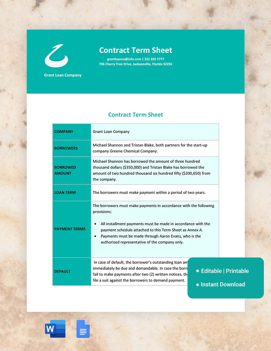Contract Term Sheet Template