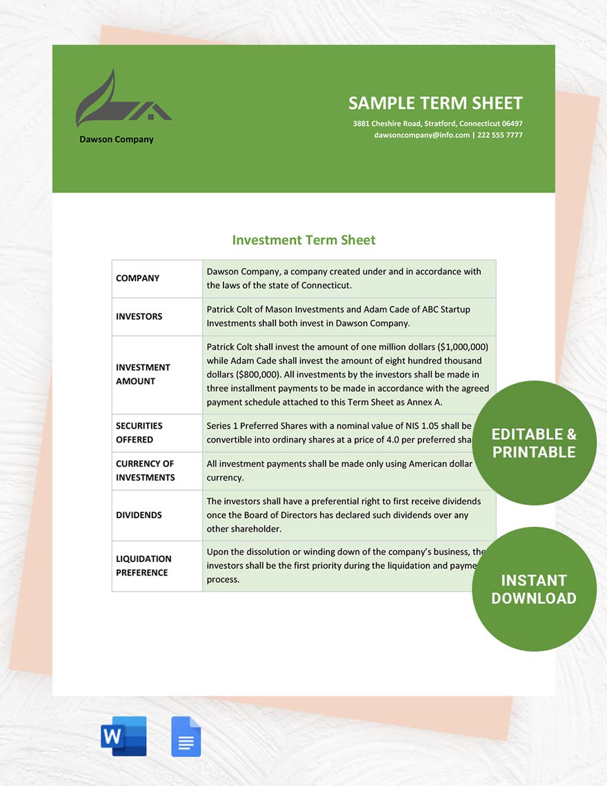 Sample Term Sheet Template in Word, Google Docs