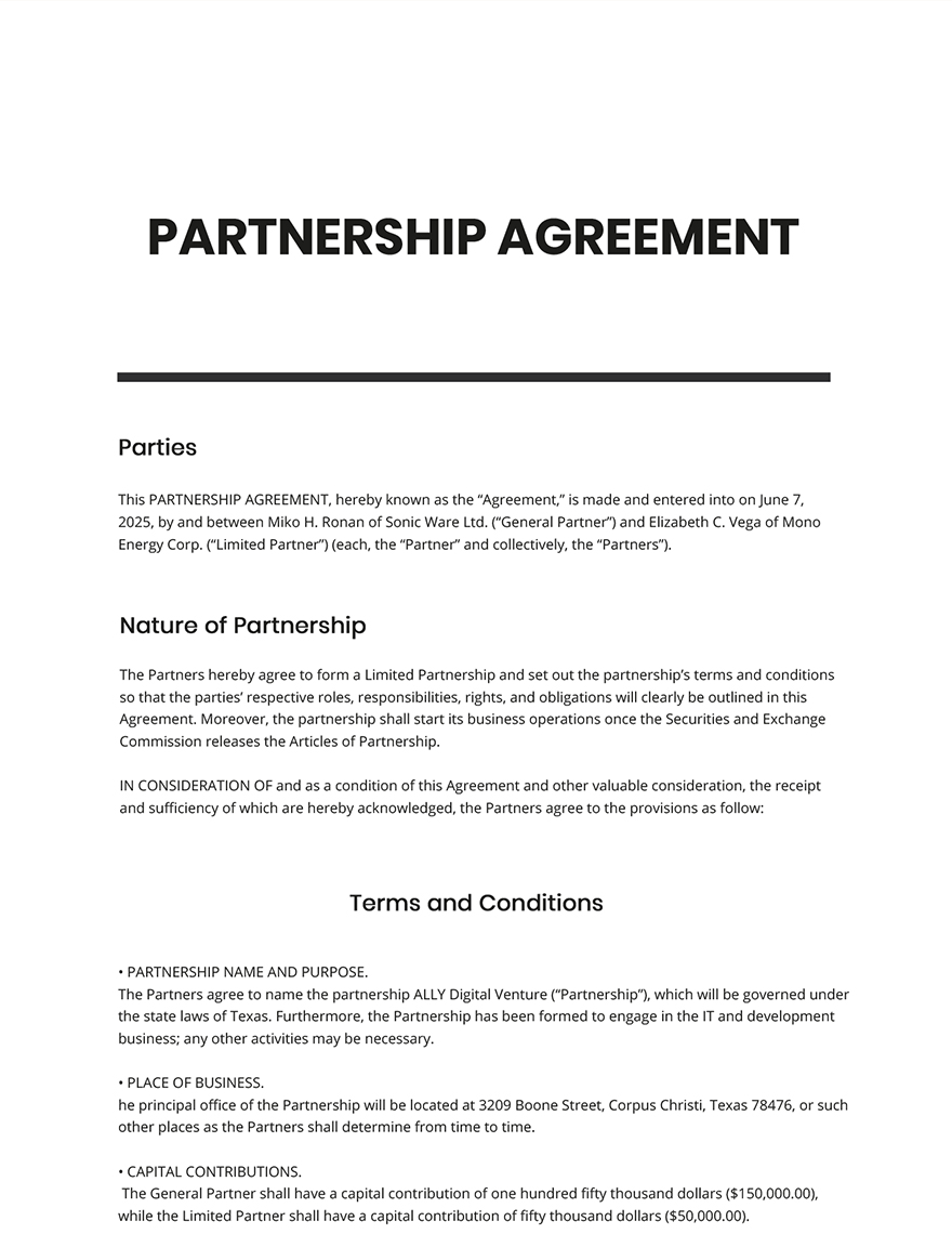 partnership agreement in business plan example