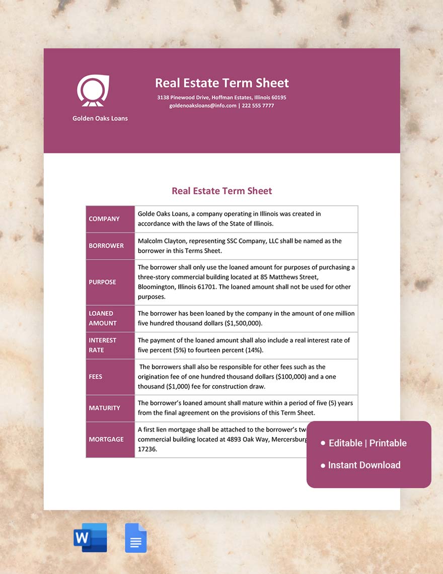Real Estate Term Sheet Template