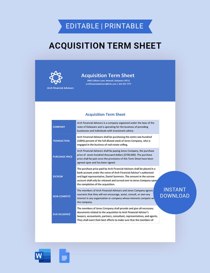 Acquisition Term Sheet Template