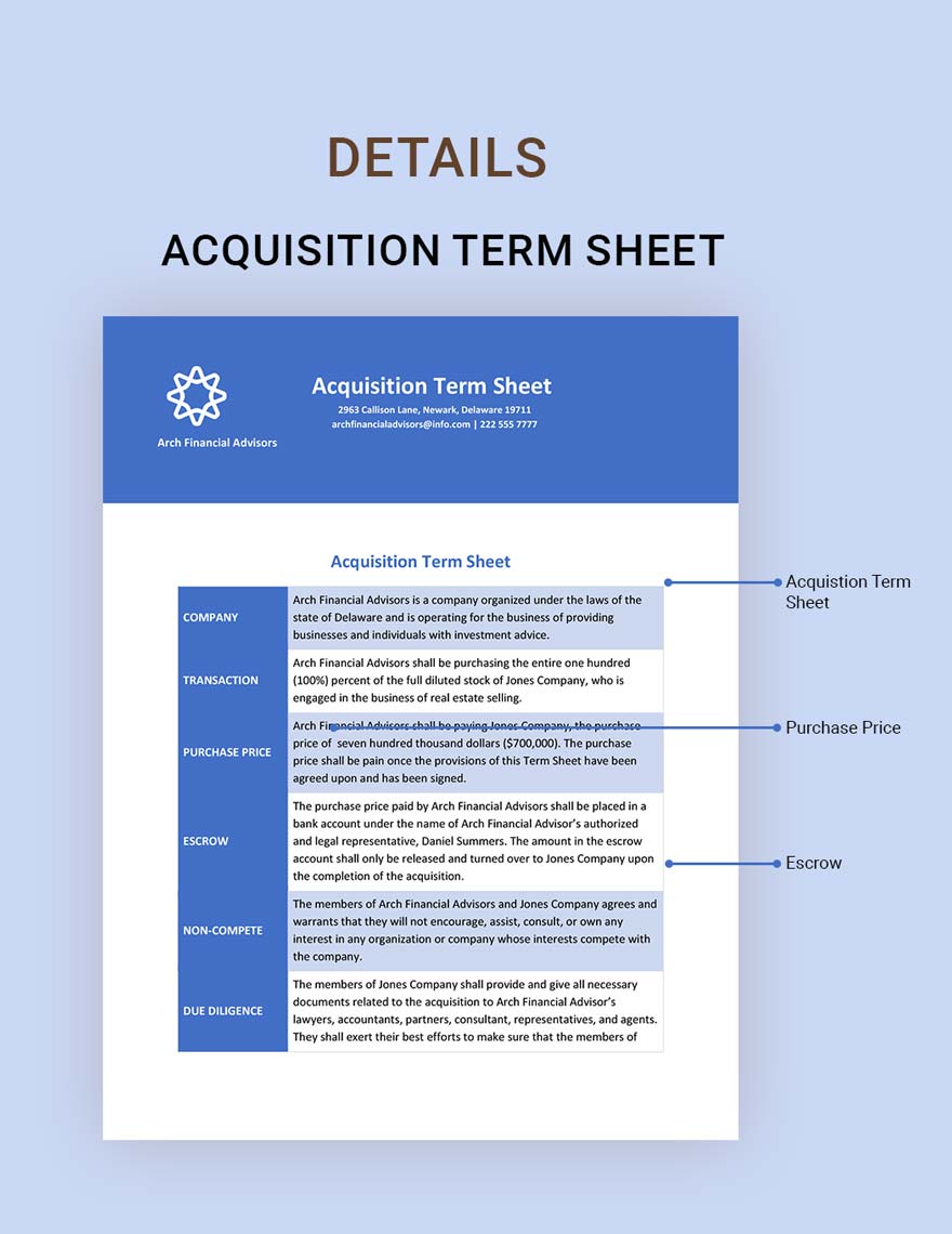 Acquisition Term Sheet Template in Google Docs Word Download