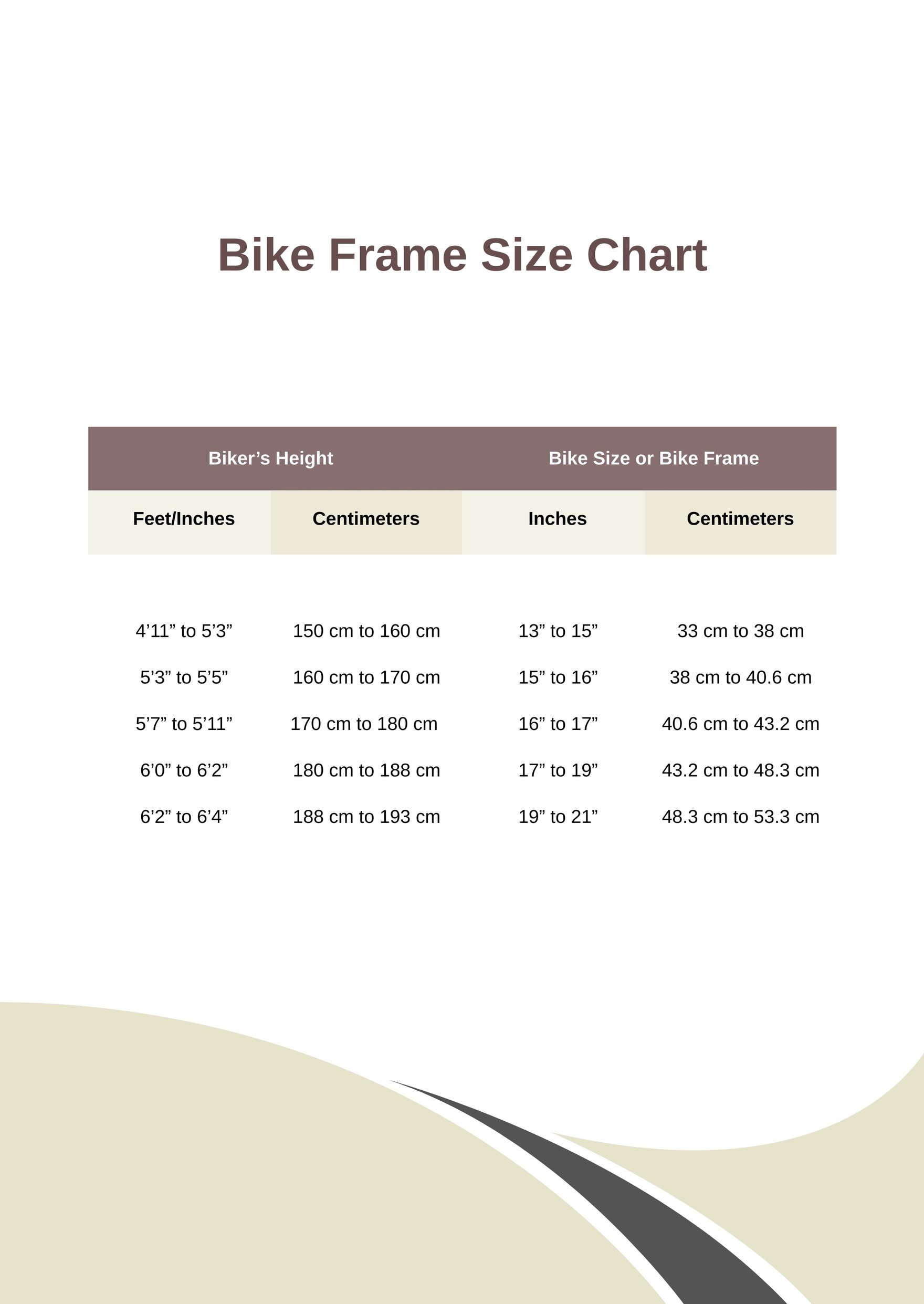 Bike Frame Size Chart in PDF