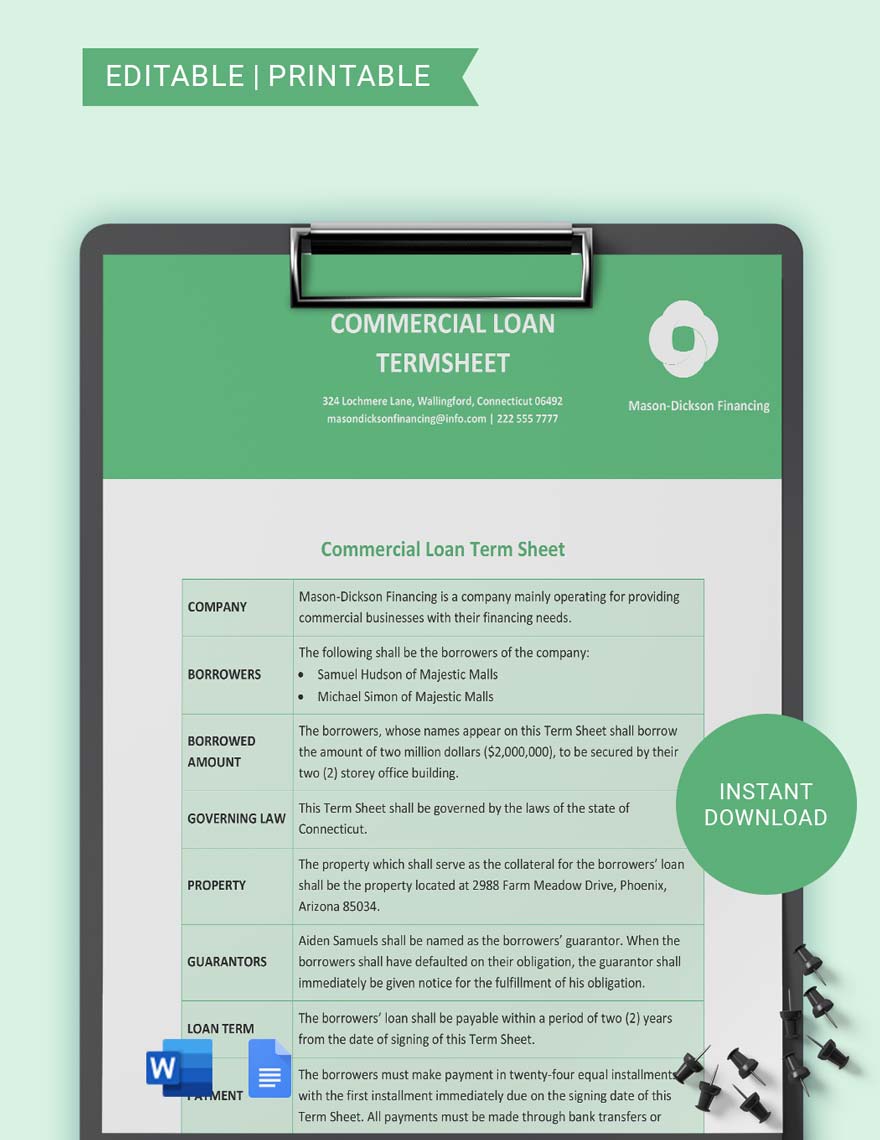 Commercial Loan Term Sheet Template Google Docs, Word