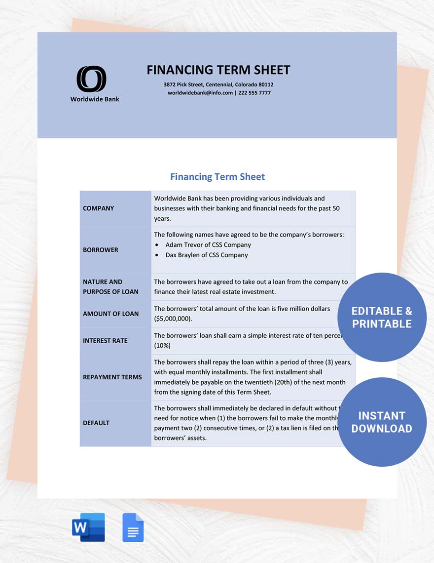 Financing Term Sheet Template