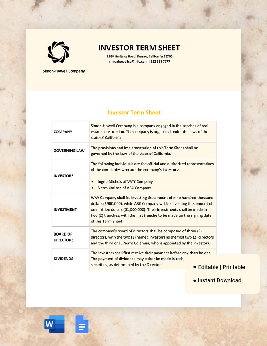 Investor Term Sheet Template