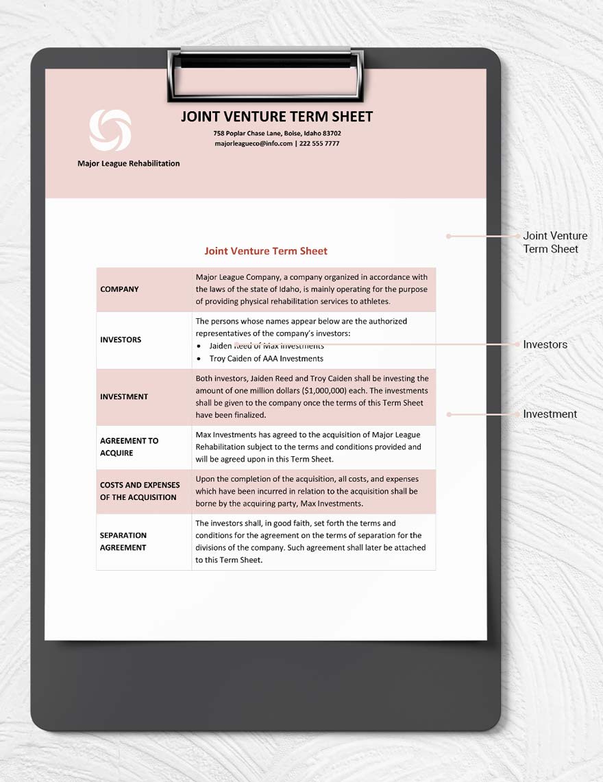 Joint Venture Term Sheet Template