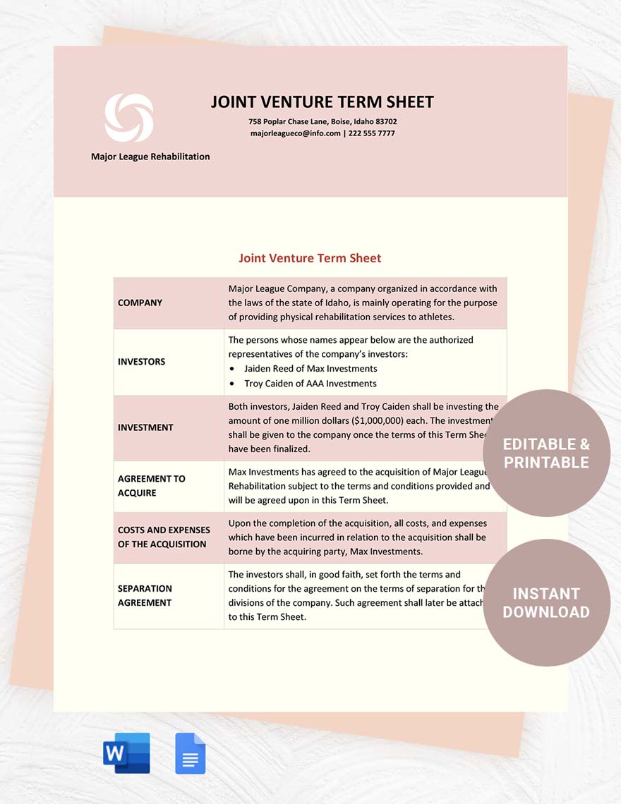 Joint Venture Term Sheet Template