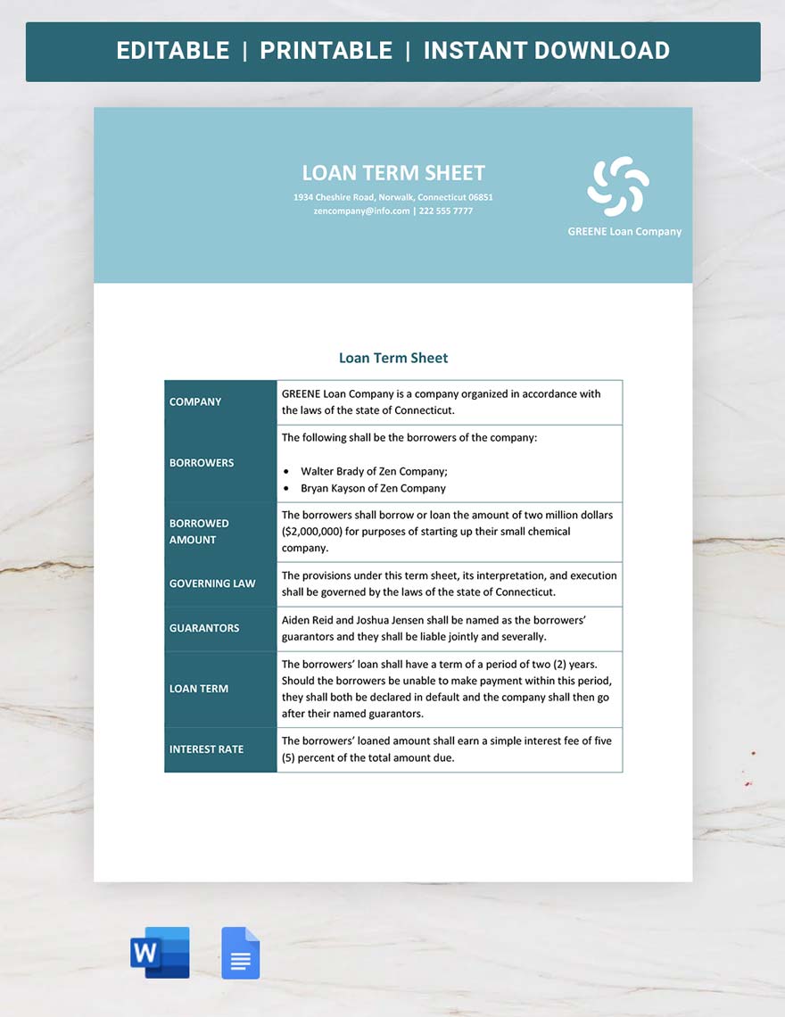 Loan Term Sheet Template