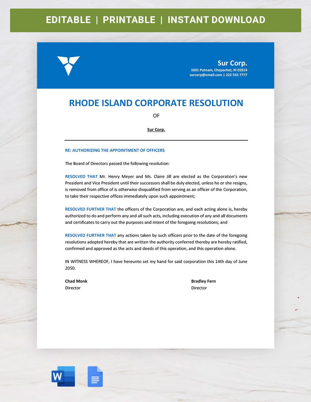 Rhode Island Corporate Resolution Template in Word, Google Docs