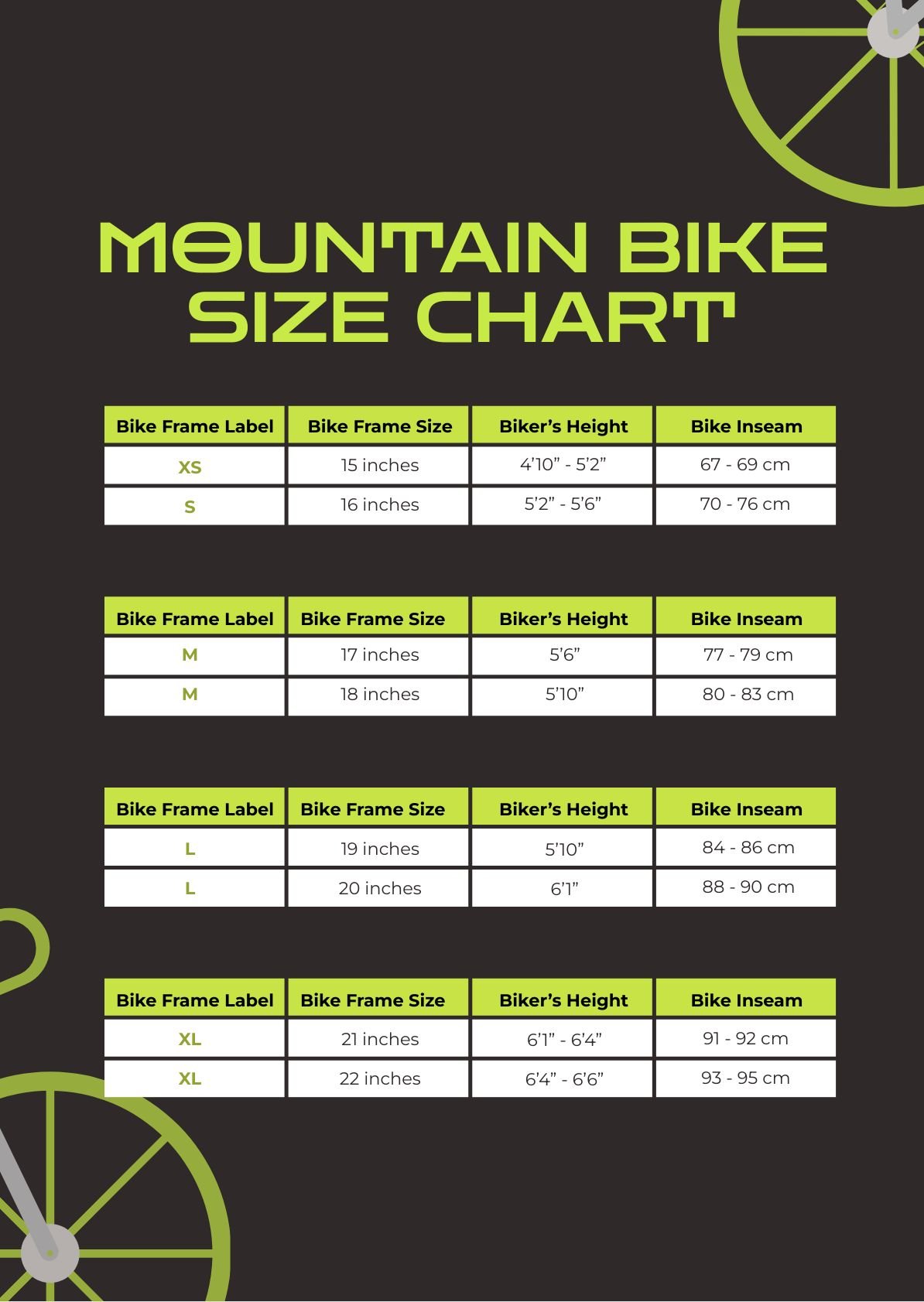 Mountain Bike Size Chart in PDF