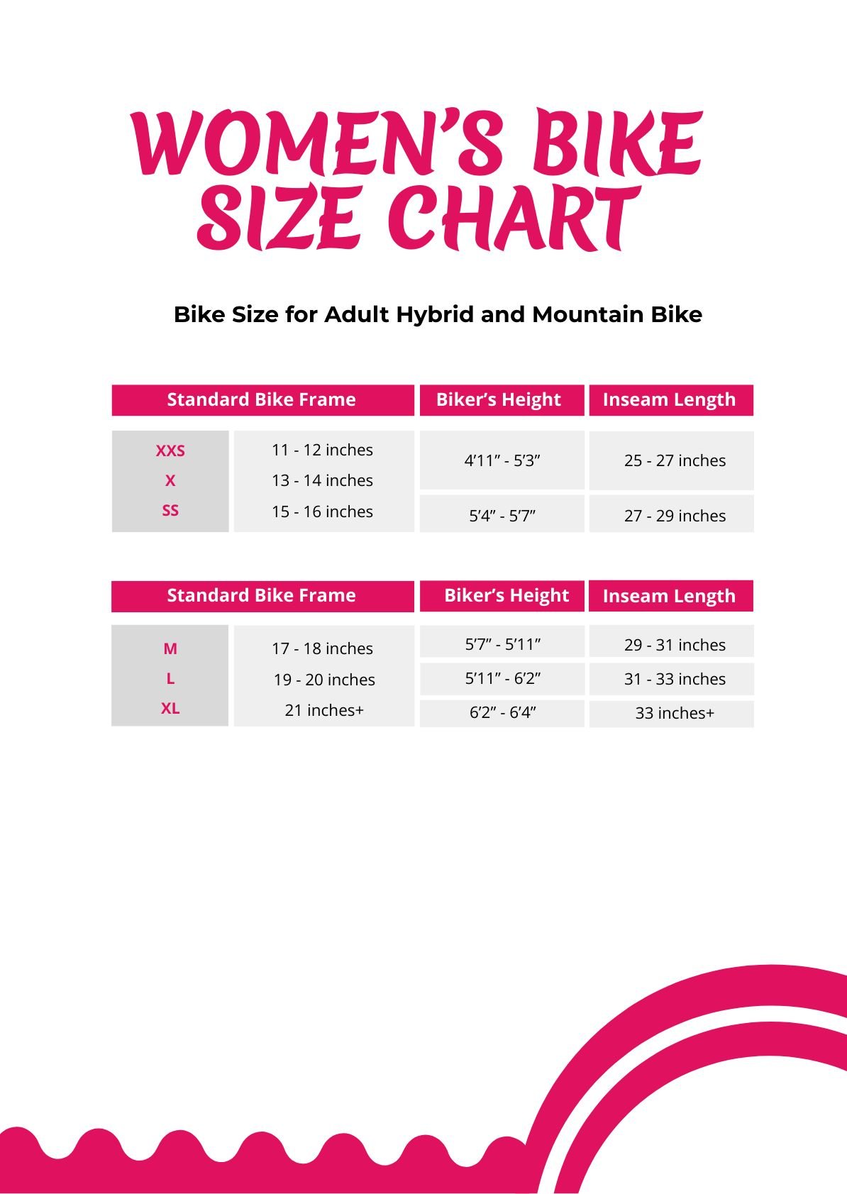 Women's Bike Size Chart in PDF