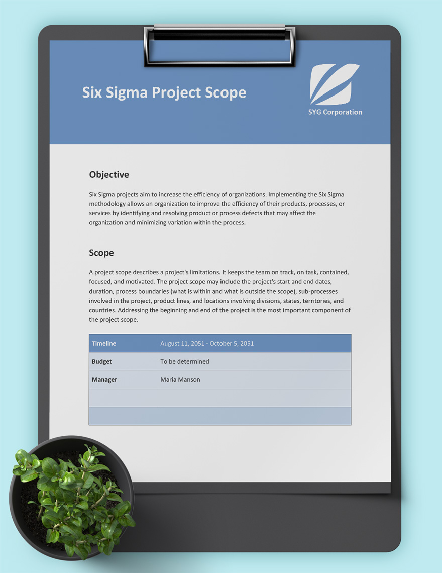 Six Sigma Project Scope Template
