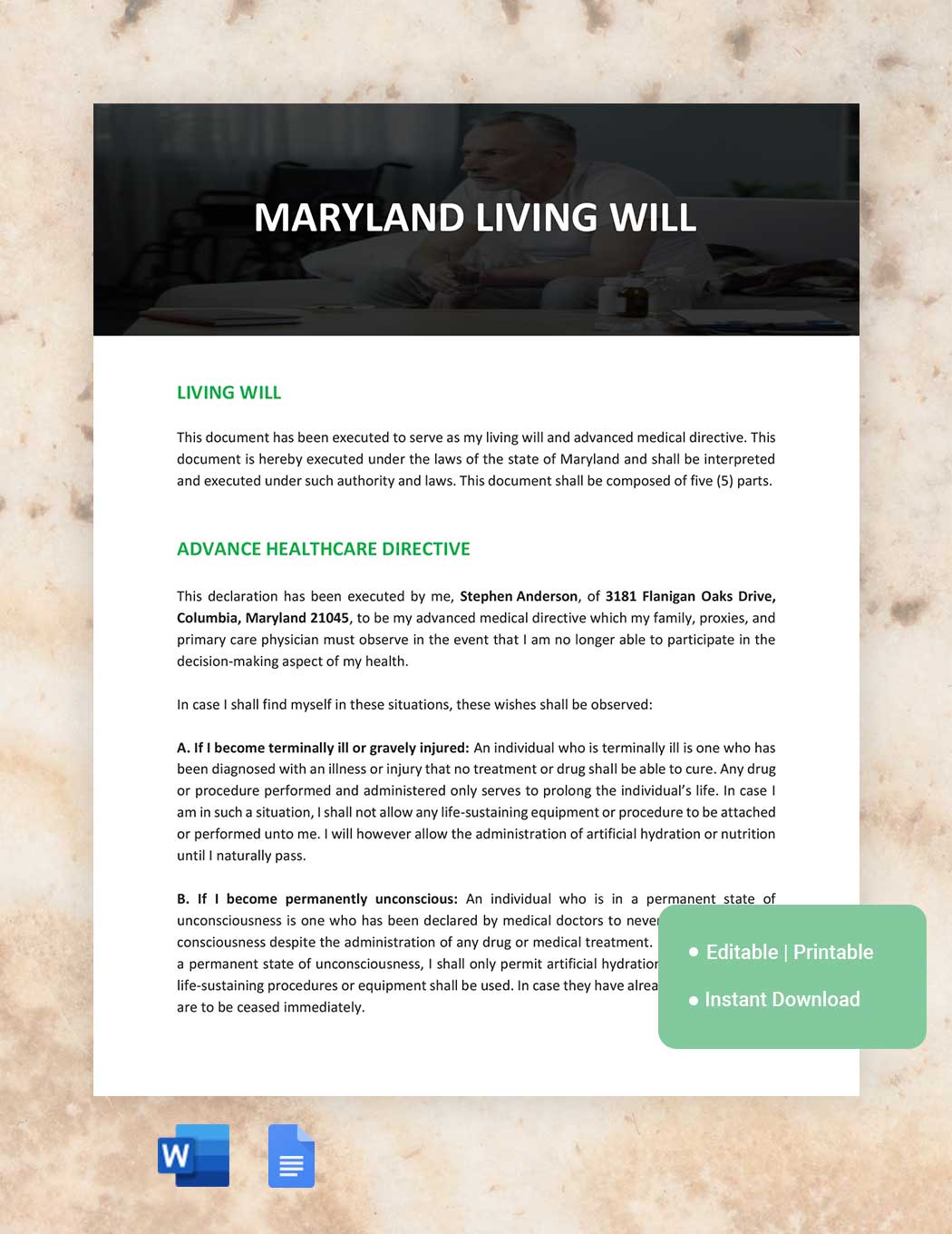 Maryland Living Will Template