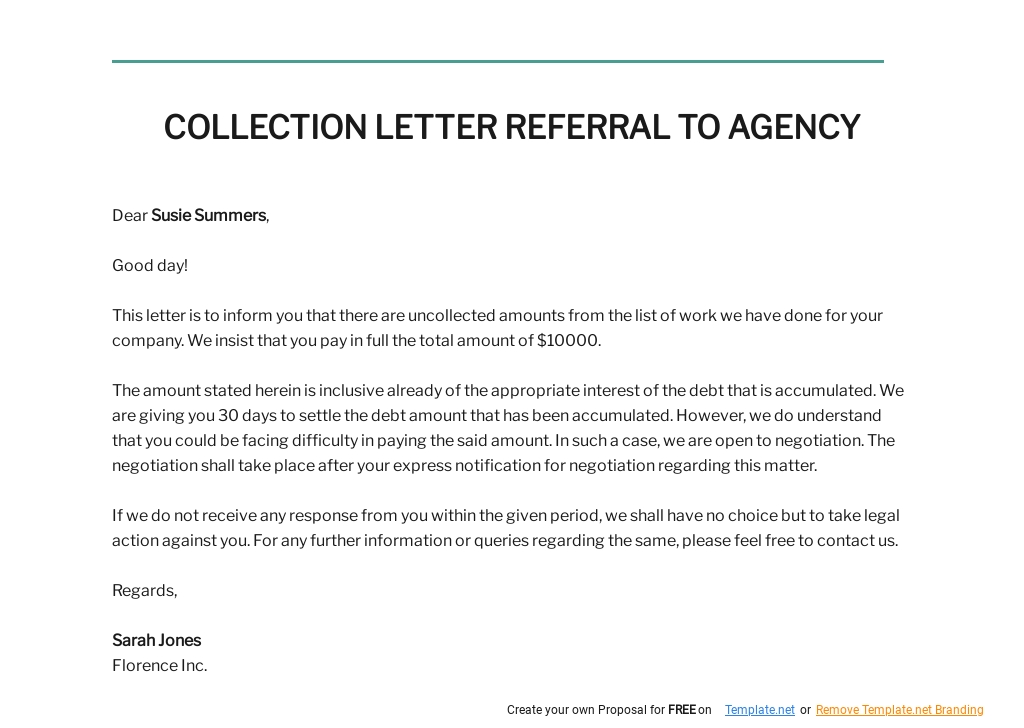 Free Collection Letter Referral to Agency Template - Google Docs, Word