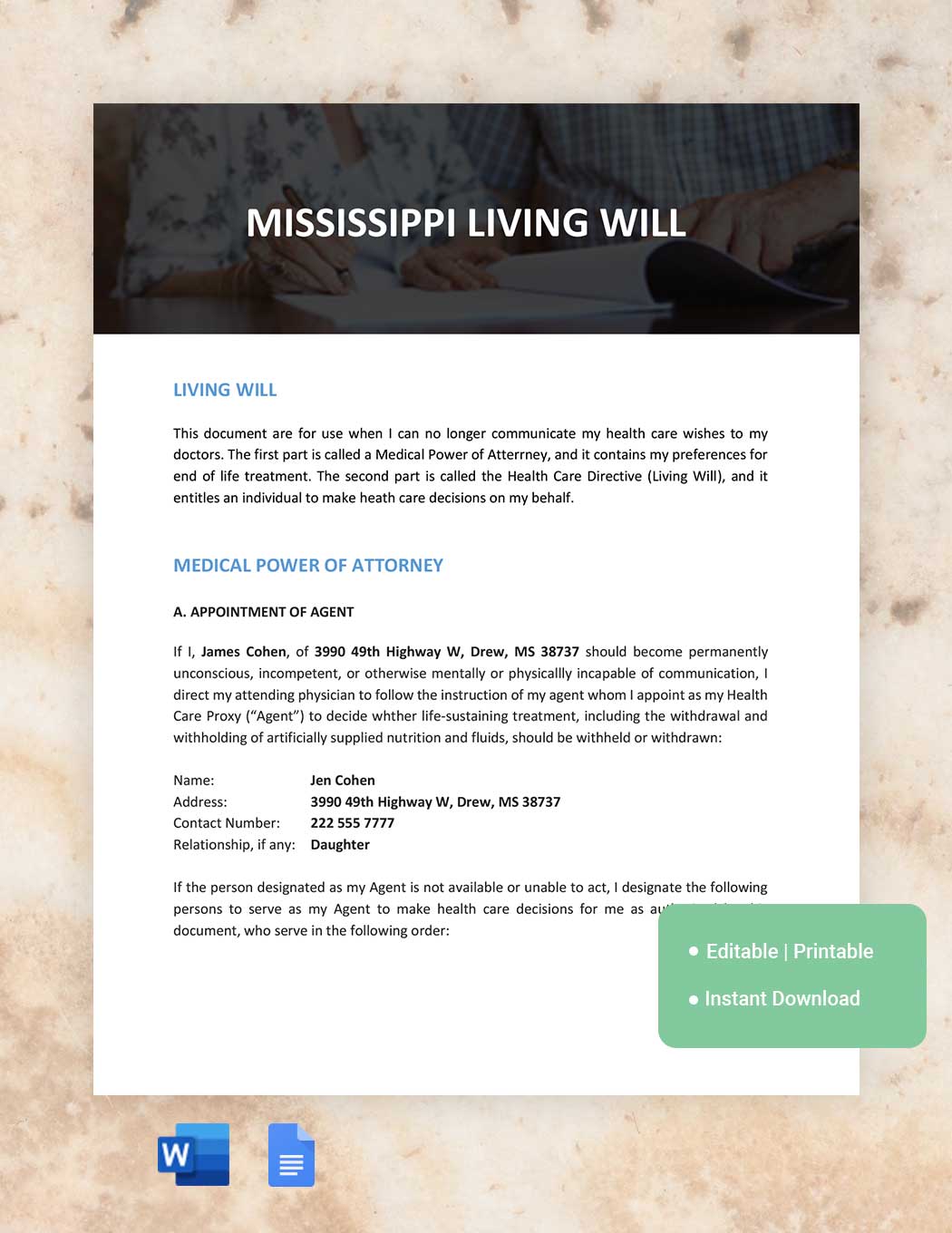 Mississippi Living Will Template in Word, Google Docs