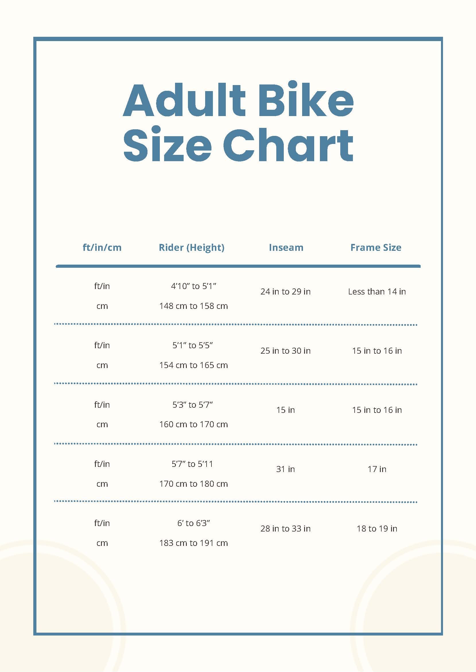 Adult Bike Size Chart in PDF