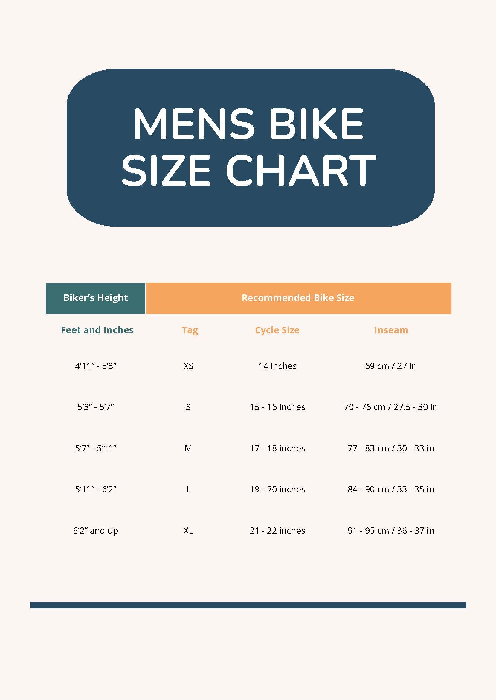 Mens Bike Size Chart in PDF