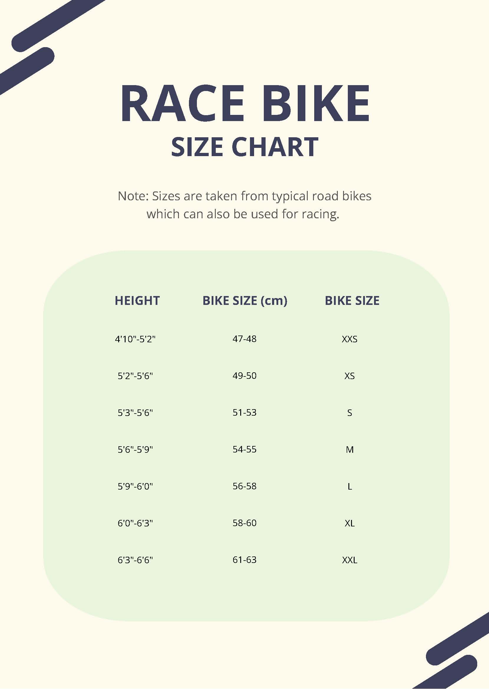 Free Race Bike Size Chart