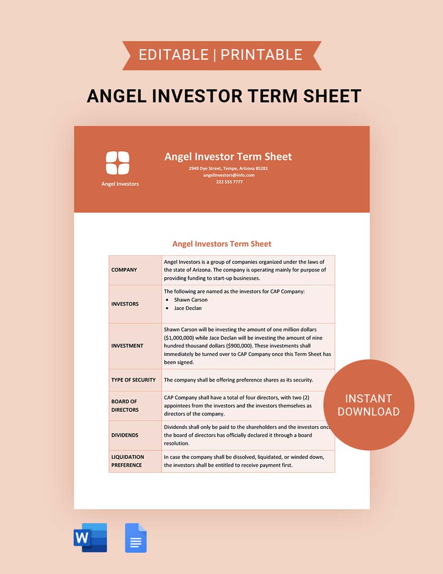 Angel Investor Term Sheet Template