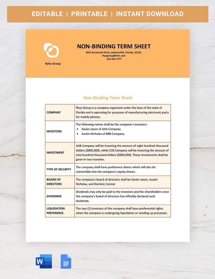 Non-binding Term Sheet Template