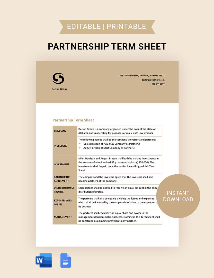 Partnership Term Sheet Template