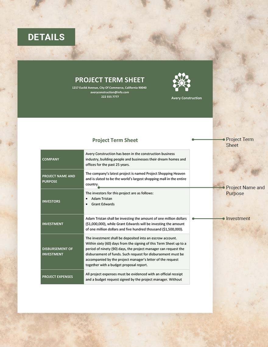 Project Term Sheet Template