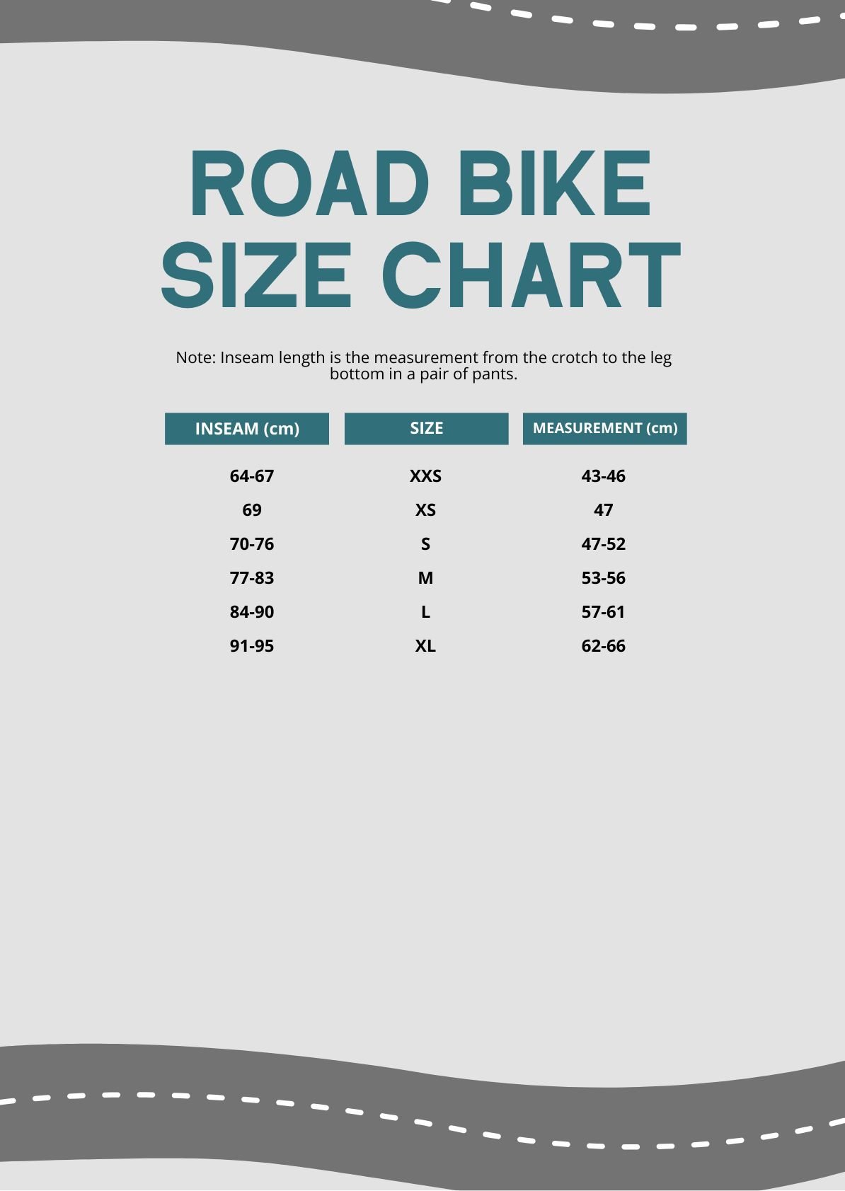 Free Road Bike Size Chart in PDF