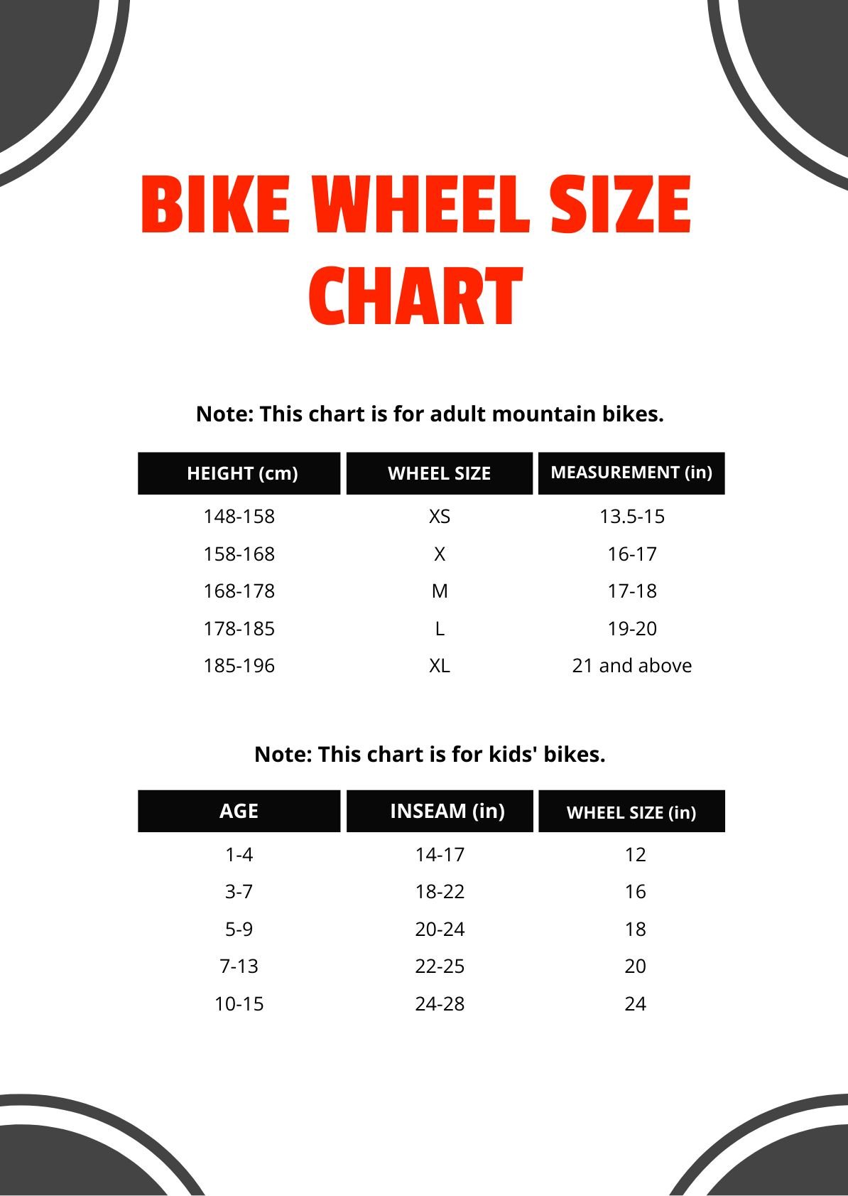 Bike Wheel Size Chart in PDF