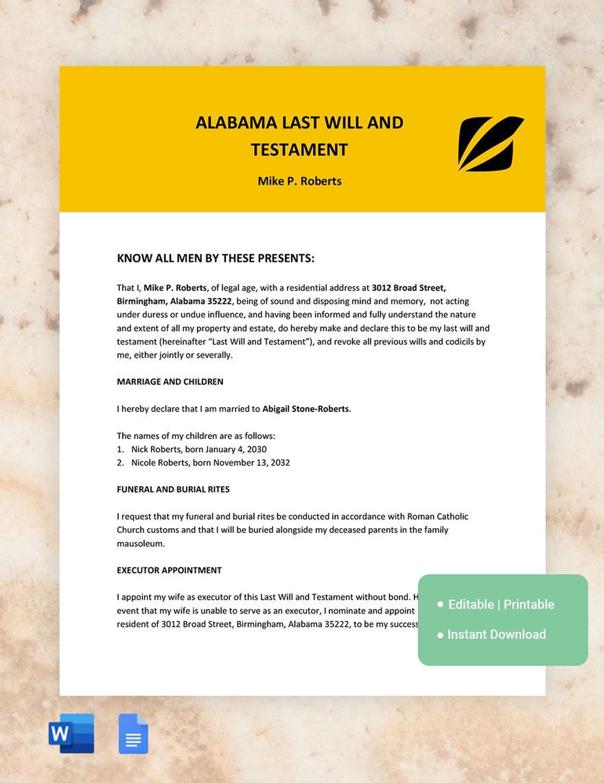Alabama Last Will And Testament Template in Word, Google Docs, PDF