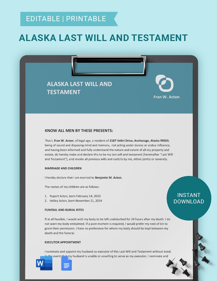 Alaska Last Will And Testament Template in Word, Google Docs