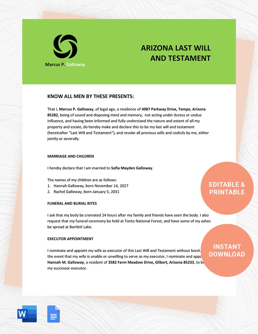 Arizona Last Will And Testament Template in Word, Google Docs, PDF
