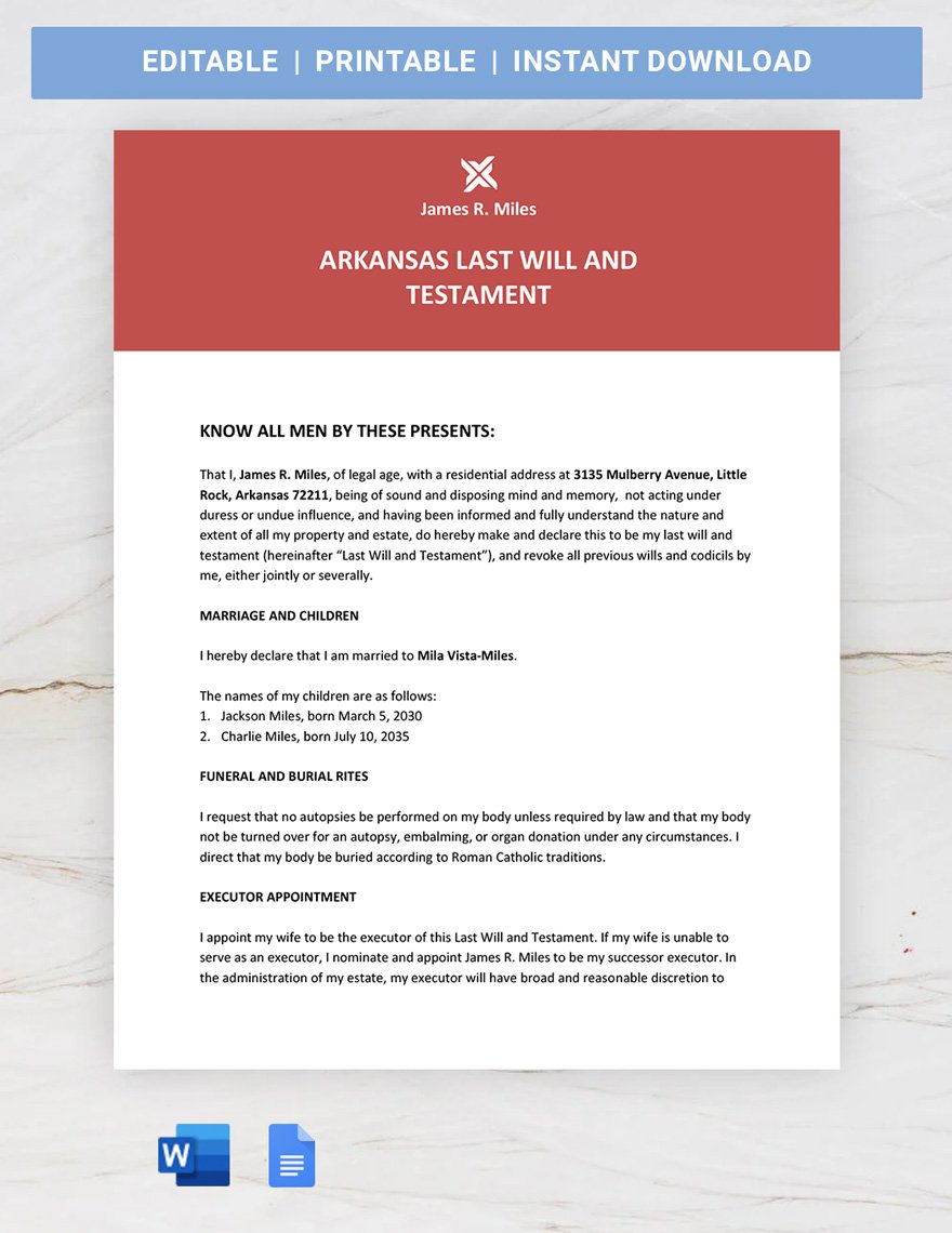 Arkansas Last Will And Testament Template in Word, Google Docs, PDF