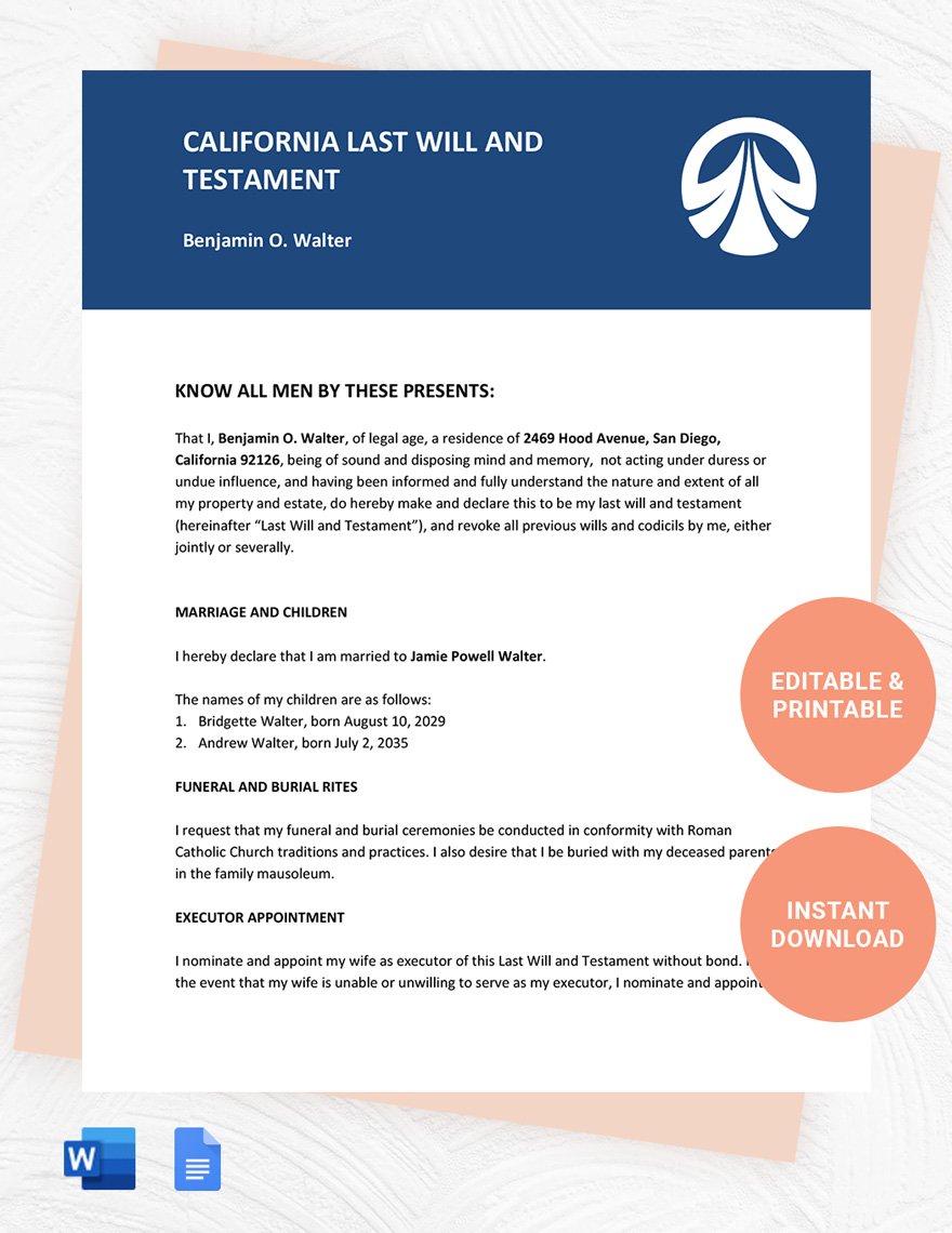 California Last Will And Testament Template in Word, Google Docs