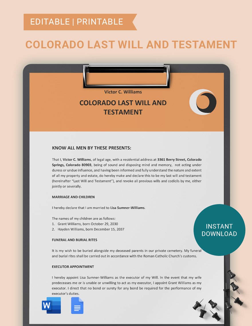 Colorado Last Will And Testament Template in Word, Google Docs, PDF
