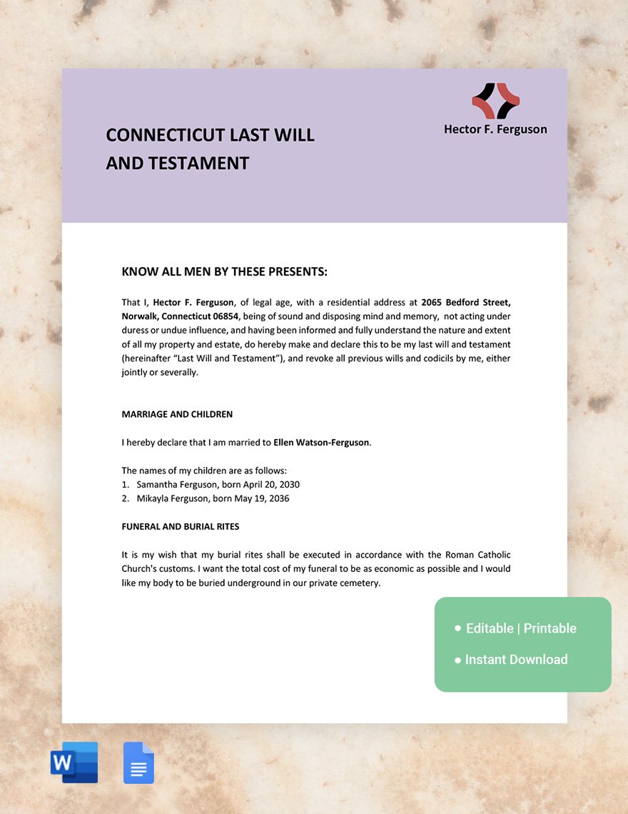 Connecticut Last Will And Testament Template in Word, Google Docs, PDF