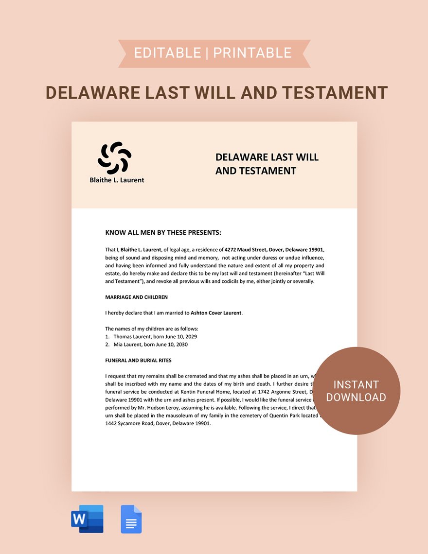 Delaware Last Will And Testament Template in Word, Google Docs, PDF