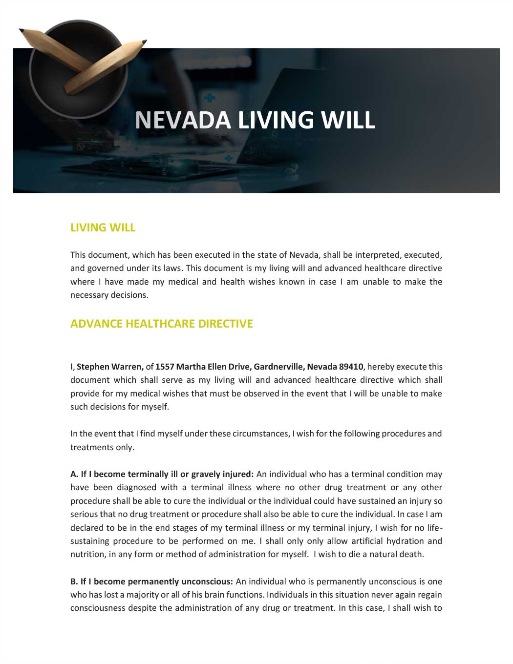 Nevada Living Will Template