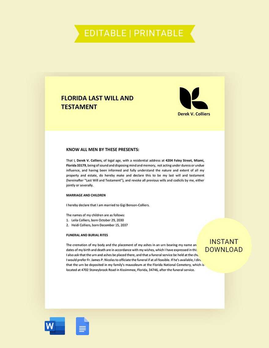 Florida Last Will And Testament Template in Word, Google Docs, PDF