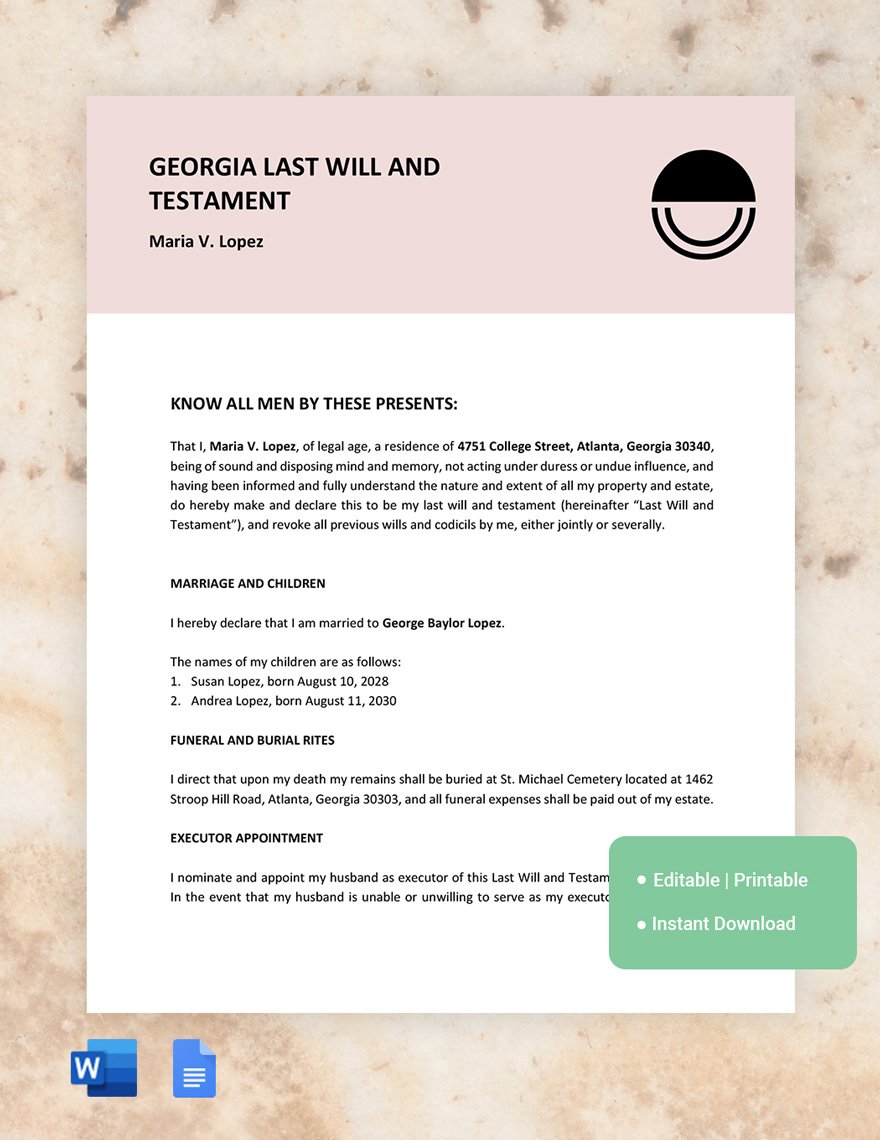 Georgia Last Will And Testament Template in Google Docs Word
