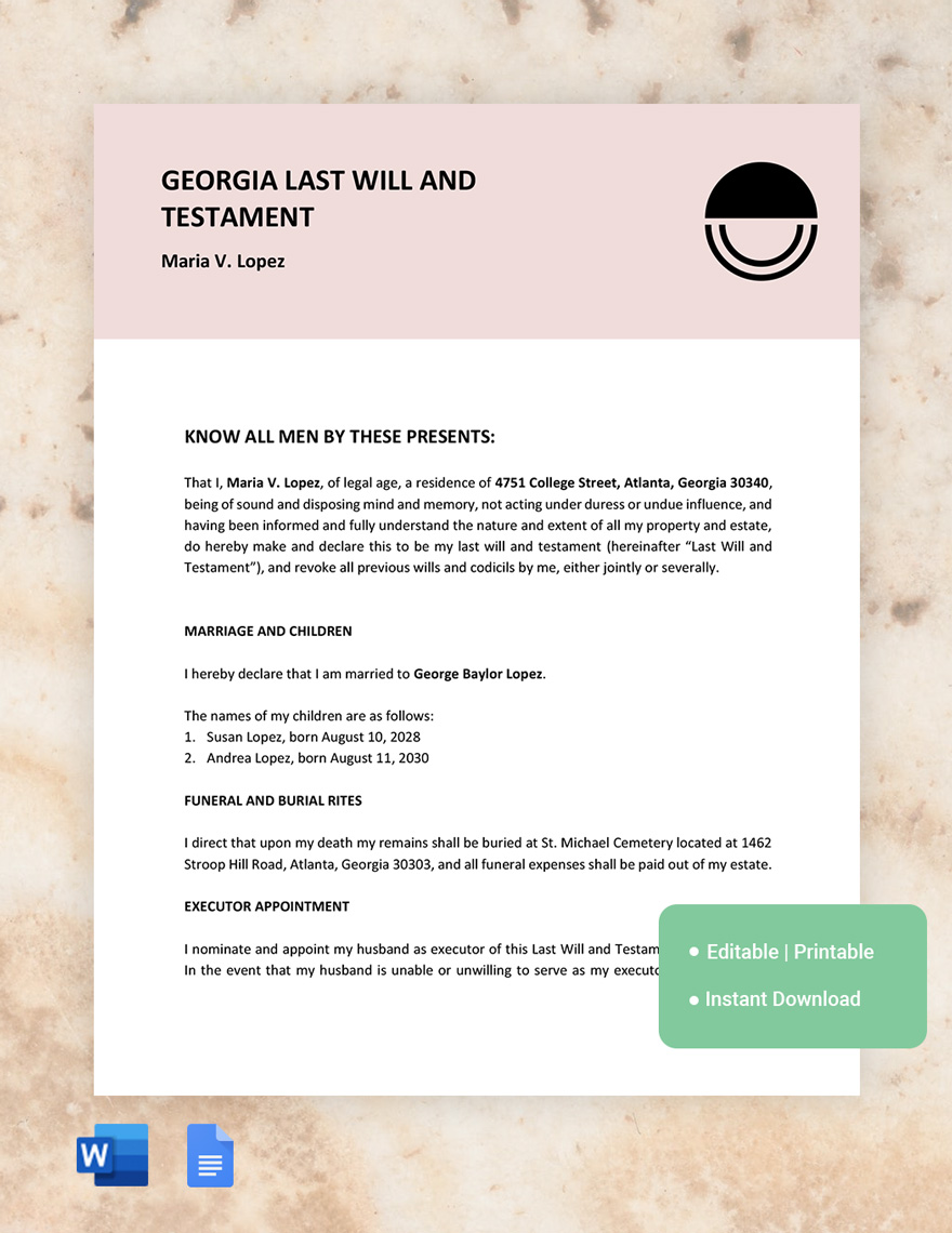 Georgia Last Will And Testament Template Google Docs Word Template