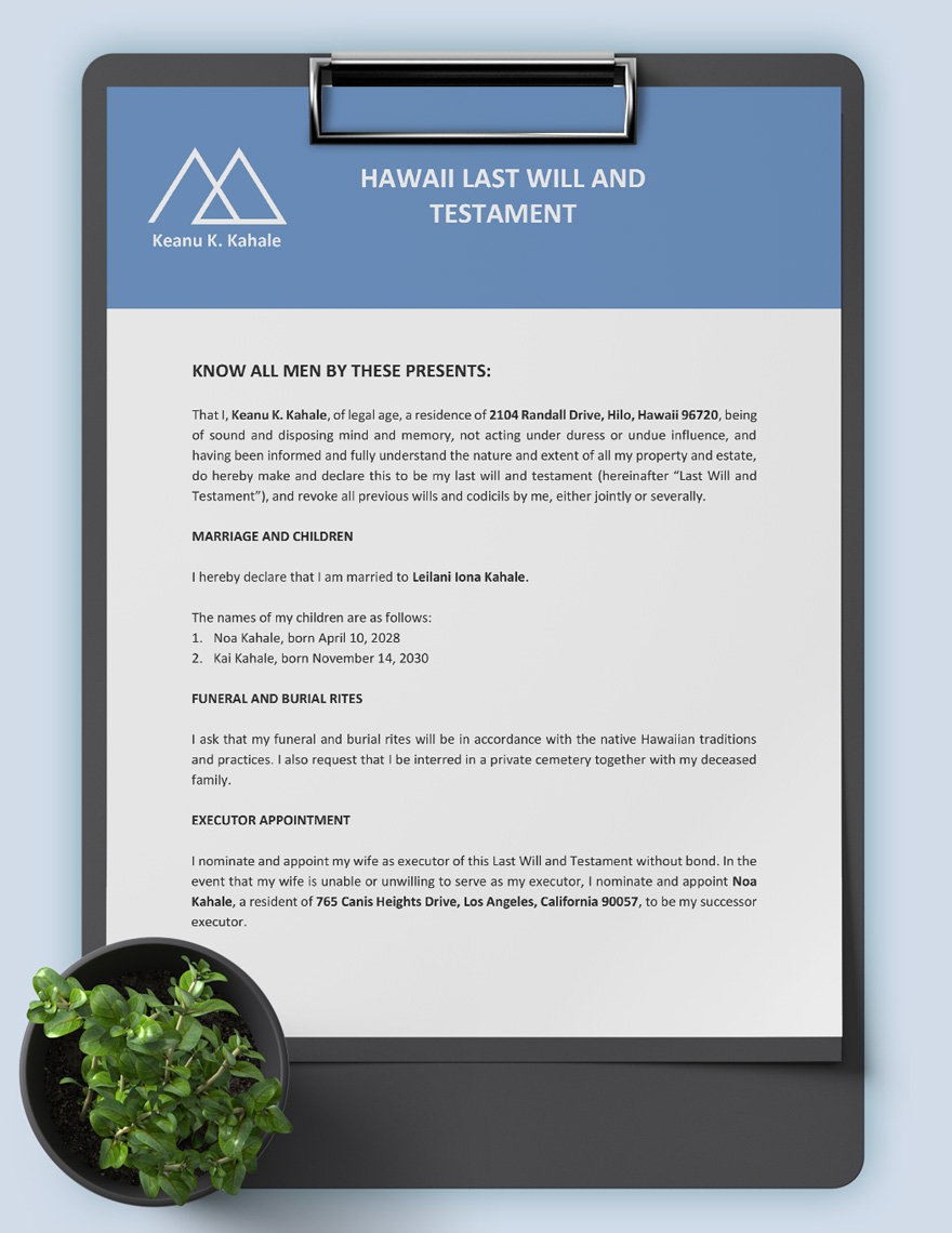 Hawaii Last Will And Testament Template